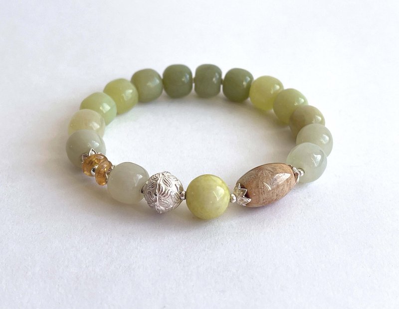 寶石系  天然和田玉 橙碧璽 菜花玉 珊瑚玉 925純銀 手鍊 - 手鍊/手環 - 玉石 綠色