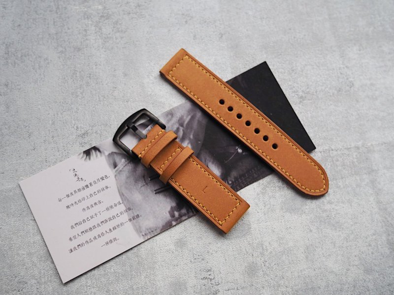 純手工牛皮磨砂薑黃錶帶 長度寬度可訂製 顏色款式可客製化可刻字 - 錶帶 - 真皮 黃色