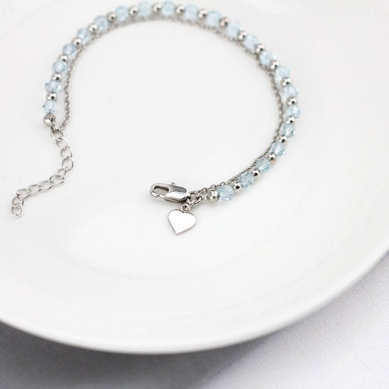 Heart Charm with Aquamarine Swarovski Beads Bracelet - White Gold plating