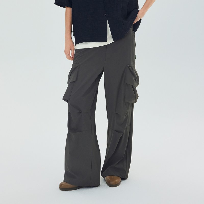 大容量雙口袋尼龍長褲 微彈百搭工裝褲 - 中性長褲/短褲 - 尼龍 灰色