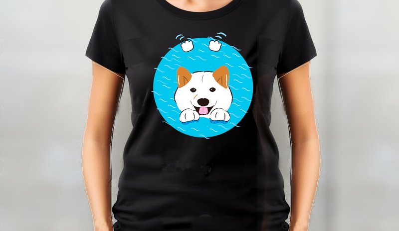 小飯糰  白柴店長游泳 黑色中性短T - 男 T 恤 - 棉.麻 白色