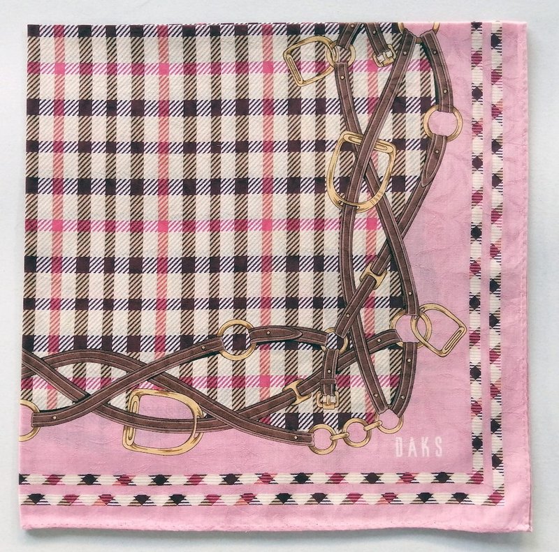 DAKS Vintage Handkerchief Horse Bridle Pink Brown 21 x 21 inches - 絲巾 - 棉.麻 粉紅色