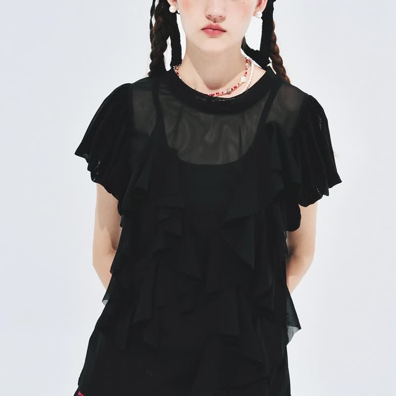 Black mesh romantic short-sleeved top - Women's Tops - Other Materials Black