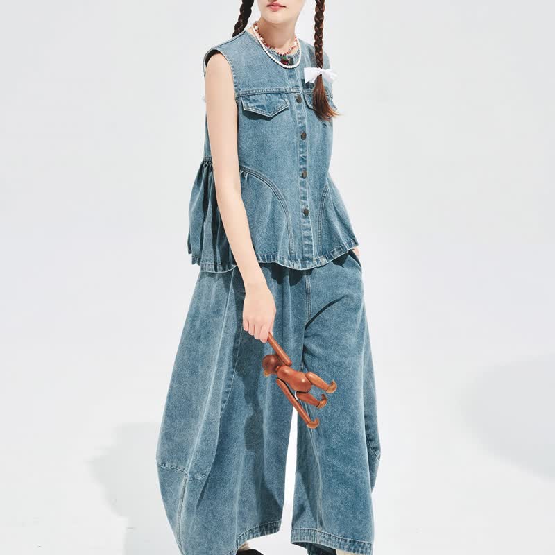Washed cotton denim wide-leg pants/loose trousers - Women's Pants - Other Materials Blue