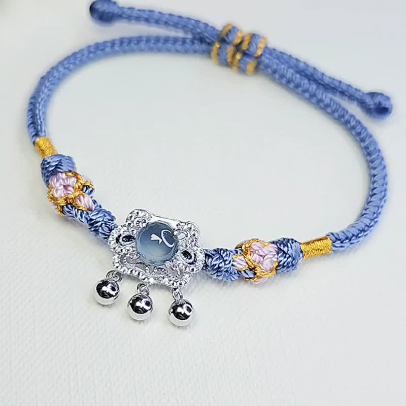 福利 財水|海藍之謎|冰玻藍膠翡翠6.5mm純銀如意鎖萬用臺手繩 - 手鍊/手環 - 玉石