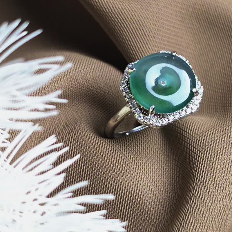 招財•順心•圓滿•平安|天然A貨翡翠冰玻藍飄花平安扣純銀戒指 - 戒指 - 玉石