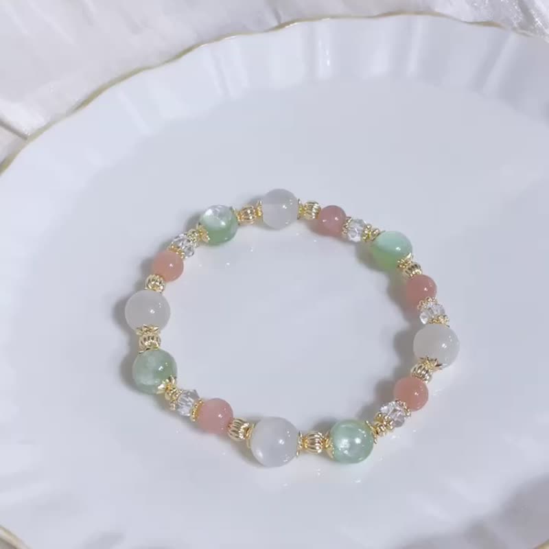 Shine//emerald emerald/white crystal/light green moonstone/orange moonstone//elastic 14K bracelet - Bracelets - Other Metals White