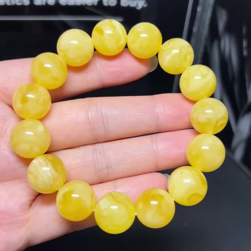 天然波羅的海蜜蠟圓珠手串   原礦無優化 俄料雞油黃飄白花 - 手鍊/手環 - 水晶