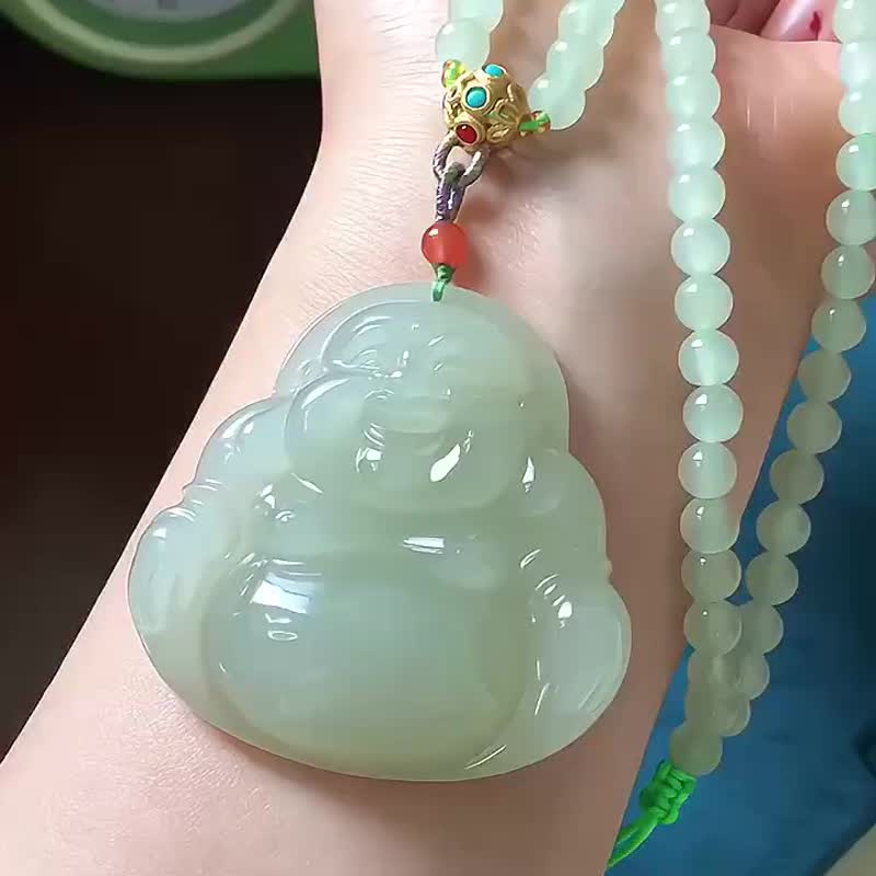和田玉晴水料大佛吊墜 搭配和田玉晴水6公釐108顆珠鏈 - 項鍊 - 水晶