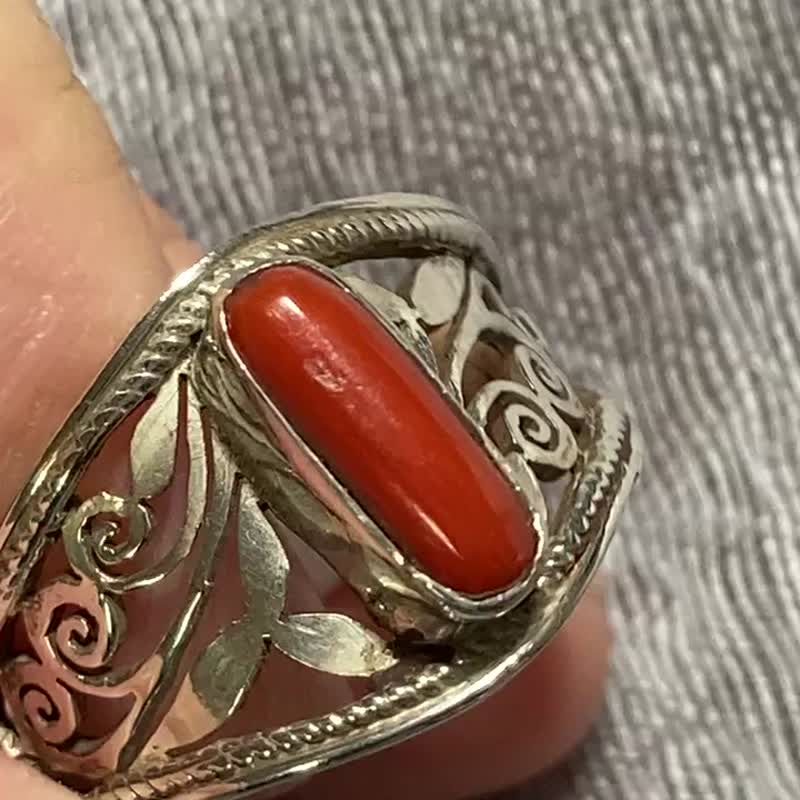Natural Italian Red Coral Ring International Ring #13 Nepal Handmade 925 Sterling Silver Bi - General Rings - Jade Red