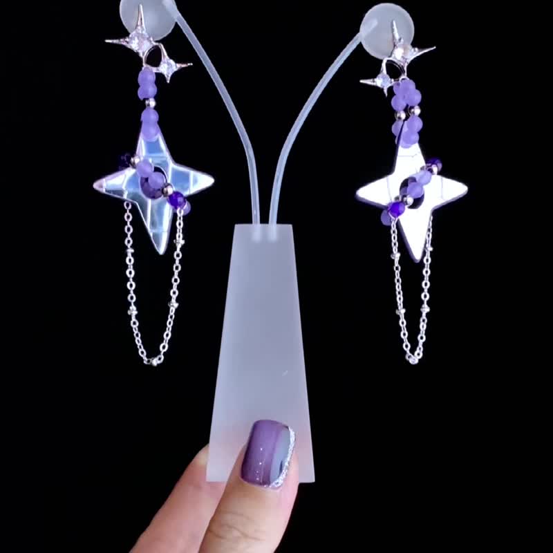 IZZMI fantasy star cowhide crystal agate earrings silver mirror cowhide handmade customization - Earrings & Clip-ons - Genuine Leather Silver