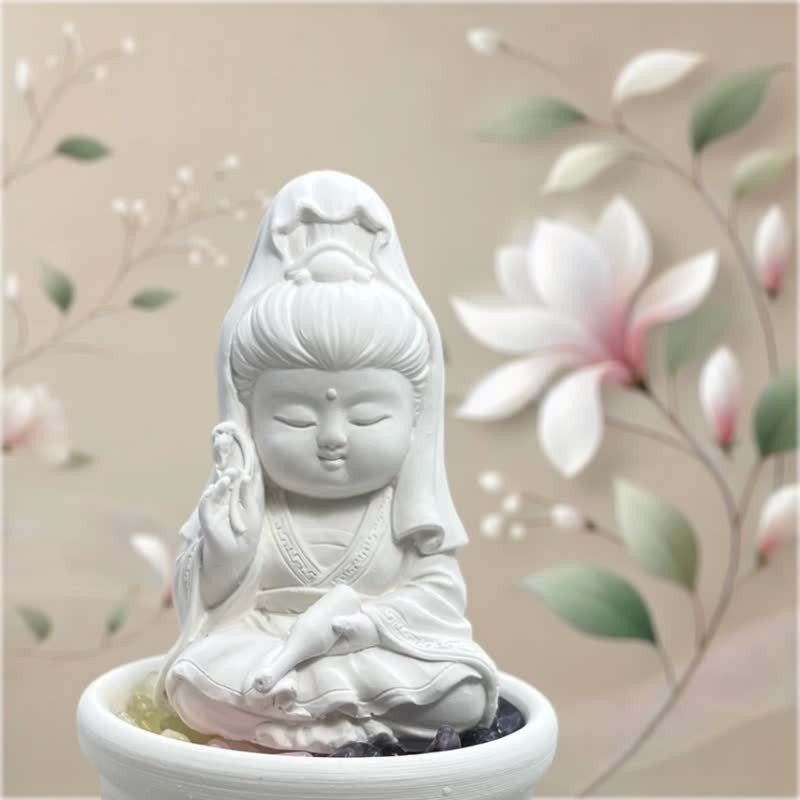水晶擴香 五行水晶礦石之寶瓶觀音小盤套組 開運能量水晶 - 香氛/精油/擴香 - 水泥 白色