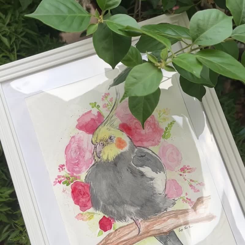 【 鸚鵡水彩 】訂製寵物肖像水彩手繪畫連畫框 - 似顏繪/人像畫 - 紙 綠色