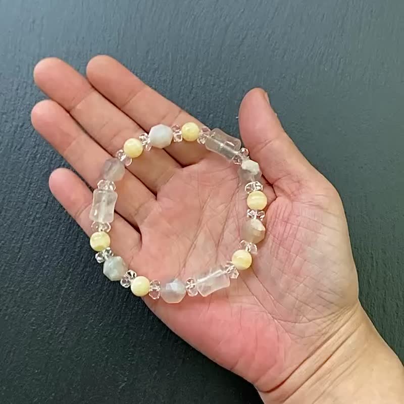 冰透天然白幽靈x櫻花瑪瑙x鑽石切面白水晶x黃方解石 財運手鍊 - 手鍊/手環 - 水晶 多色