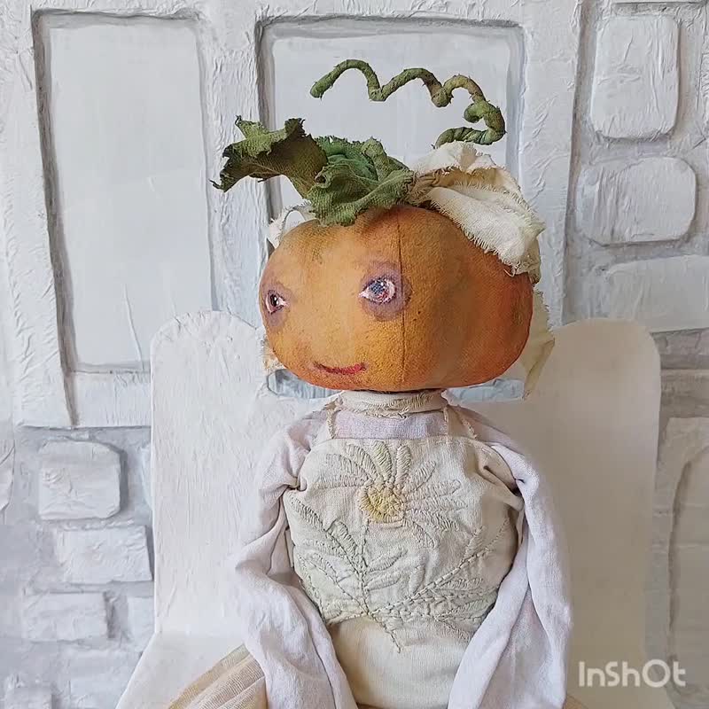 Pumpkin Art Doll Home Decor Halloween Holiday Funny Gift Handmade - Stuffed Dolls & Figurines - Cotton & Hemp Gold