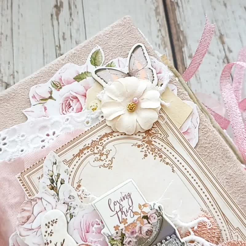 Love Rose junk journal handmade Garden romantic dairy notebook lace - Notebooks & Journals - Paper Pink