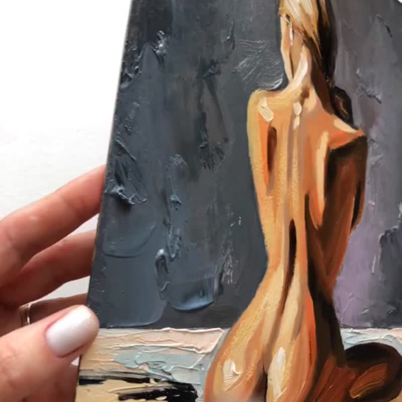 Nude Painting Sexy Woman Original Art Small Wall Art Oil Painting - 牆貼/牆身裝飾 - 其他材質 多色