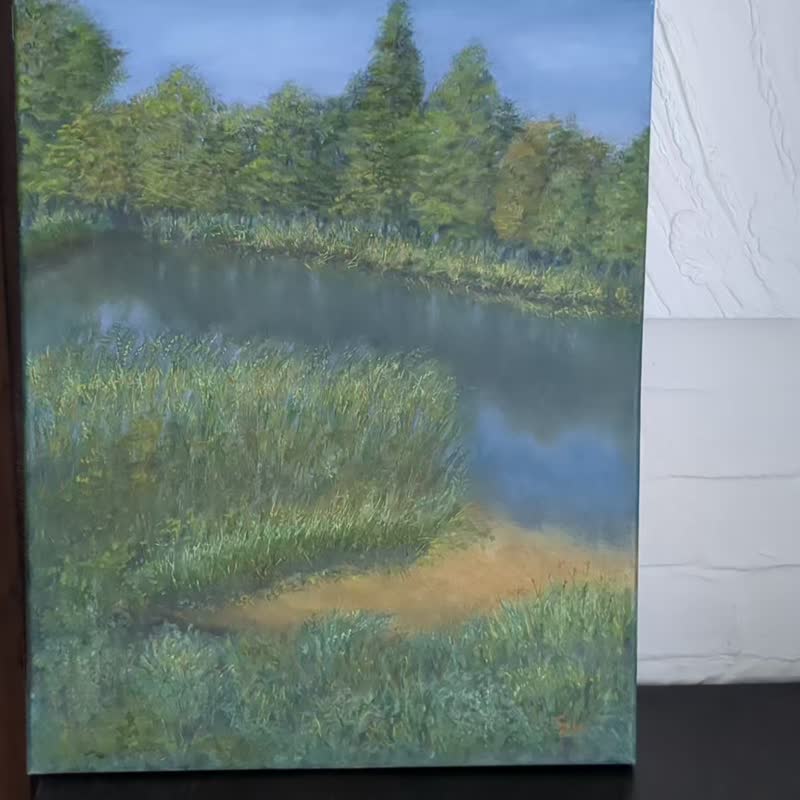 風景油絵 オリジナルアート 川 夏の風景 手作り ウォールアート - ポスター・絵 - その他の素材 多色