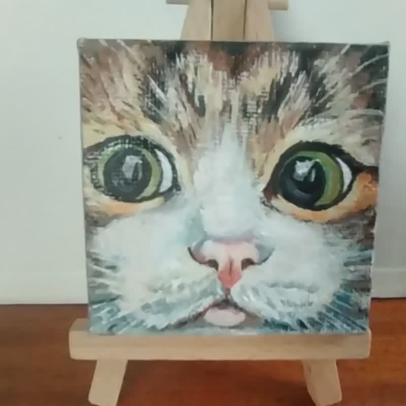 Cat Painting Fnimal Canvas Original Art Pet 7 x 7 with easel Mini Artwork - Posters - Other Materials Multicolor