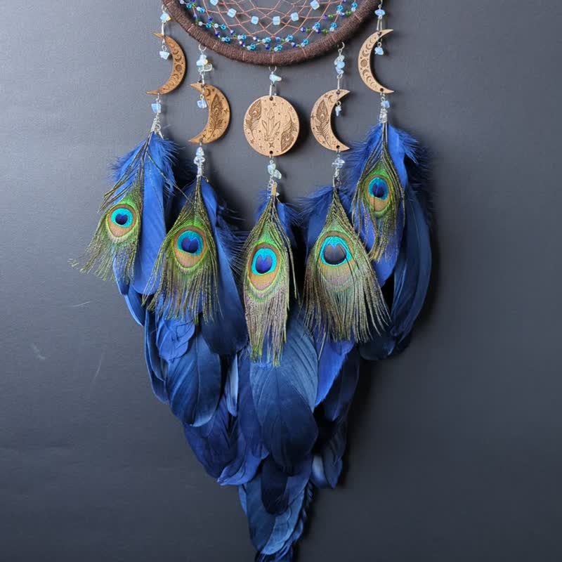 Navy Blue Dream Catcher with Peacock | Lunar with Moon Phases  เครื่องดักฝัน - Wall Décor - Glass Blue