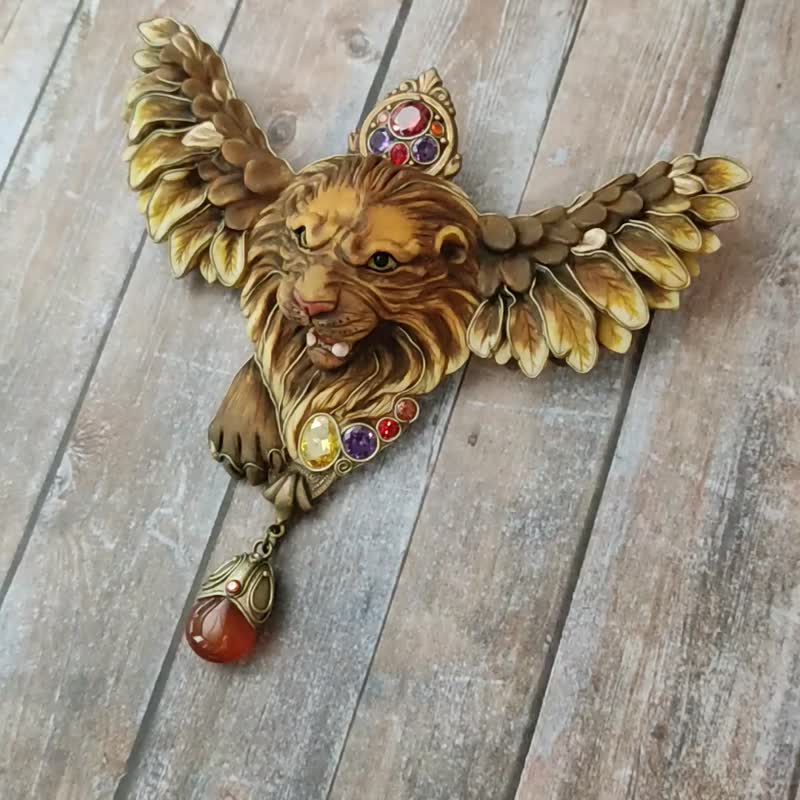 Saint Mark Lion brooch, Lion of Venice brooch, Winged Lion Jewelry, Lion brooch - Brooches - Clay Orange