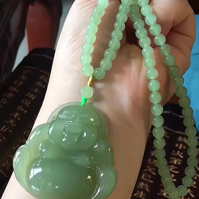 和田玉晴水料大佛吊墜 搭配 和田玉晴水6公釐108顆珠鏈 - 項鍊 - 水晶