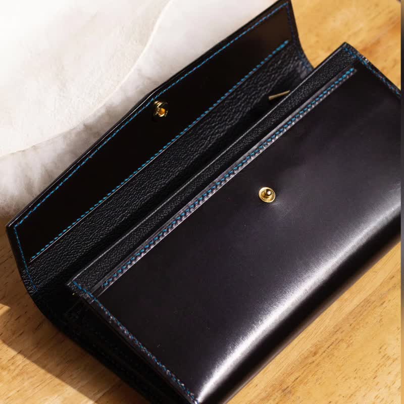 Long wallet/wallet/genuine leather/British horse leather/French goatskin/handmade - กระเป๋าสตางค์ - หนังแท้ สีดำ
