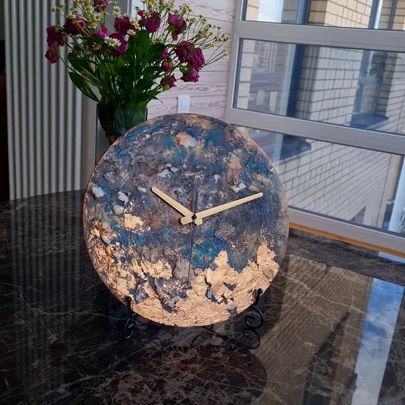 Abstract wall clock Gray teal blue white wall clock Copper leaf paint Art clock - 時鐘/鬧鐘 - 木頭 灰色