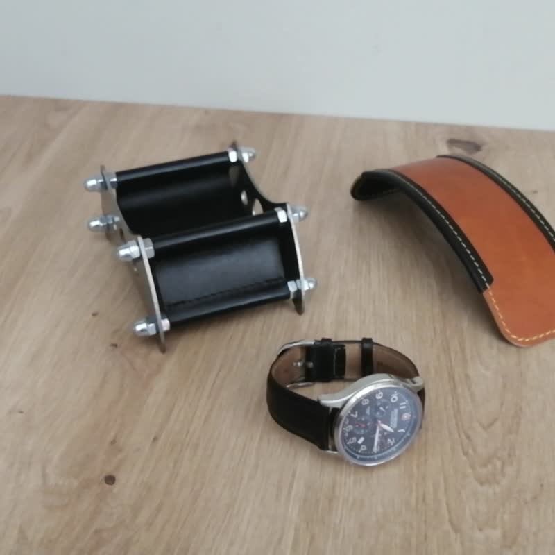 Leather watch stand, watch box, watch holder, watch display case, christmas gift - Storage - Genuine Leather Black