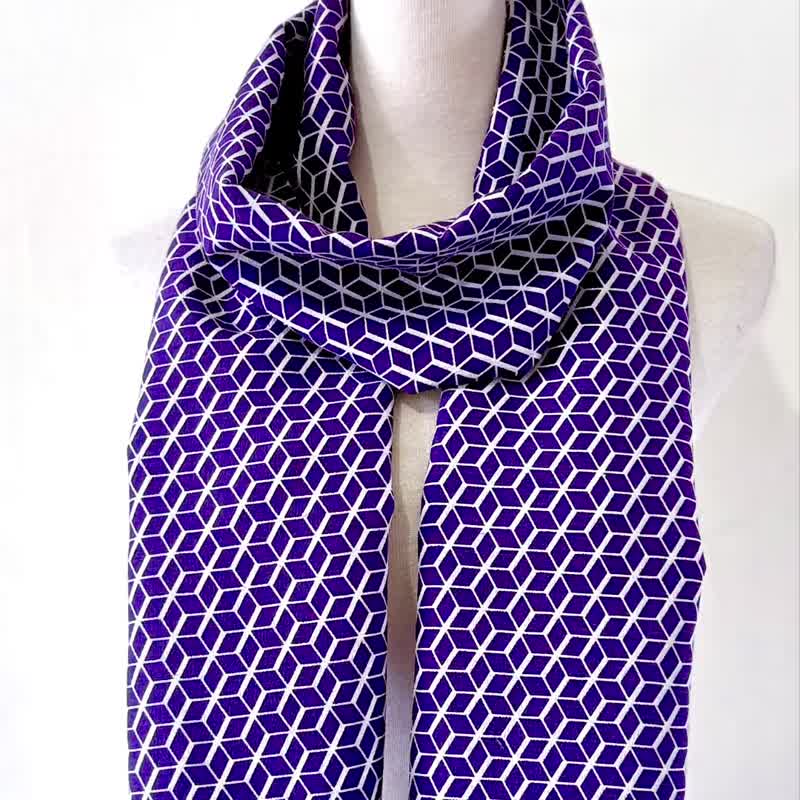 純手作絲質紫色幾何格撞色磚紅線條晚霞黑色灰階點點雲朵圍巾披肩 - 圍巾/披肩 - 絲.絹 多色