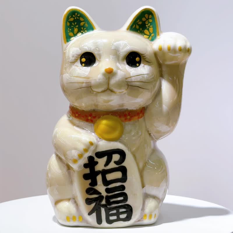 【福杏綻華】日本清水燒招財貓 | 花結晶 杏 - 億万両 左 中號 - 擺飾/家飾品 - 瓷 卡其色