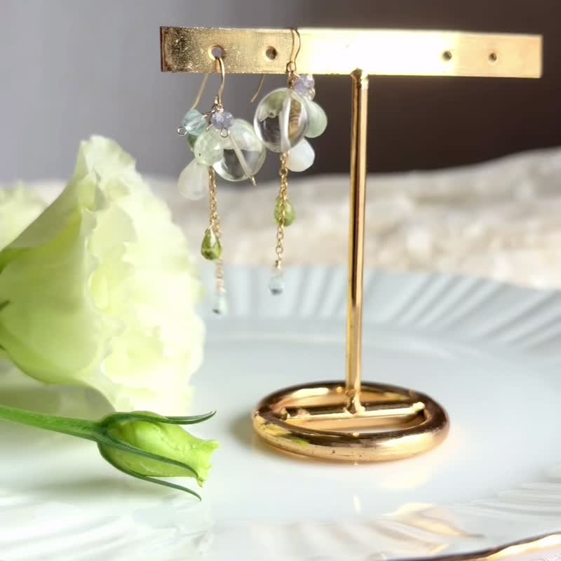 14KGF 綠色紫水晶 x 葡萄石 長耳環 / 二月誕生石 / 耳夾 - 耳環/耳夾/耳骨夾 - 寶石 綠色