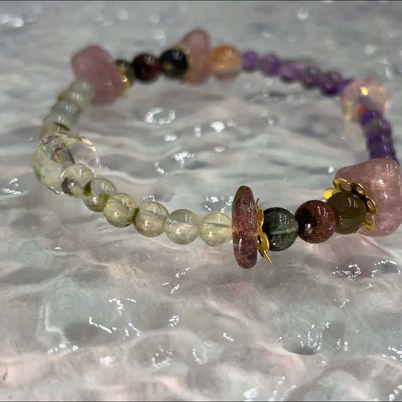 黑金超 碧璽 葡萄石 天然水晶 日本手作 禮物 能量石手鍊 桃花運 - 手鍊/手環 - 水晶 多色