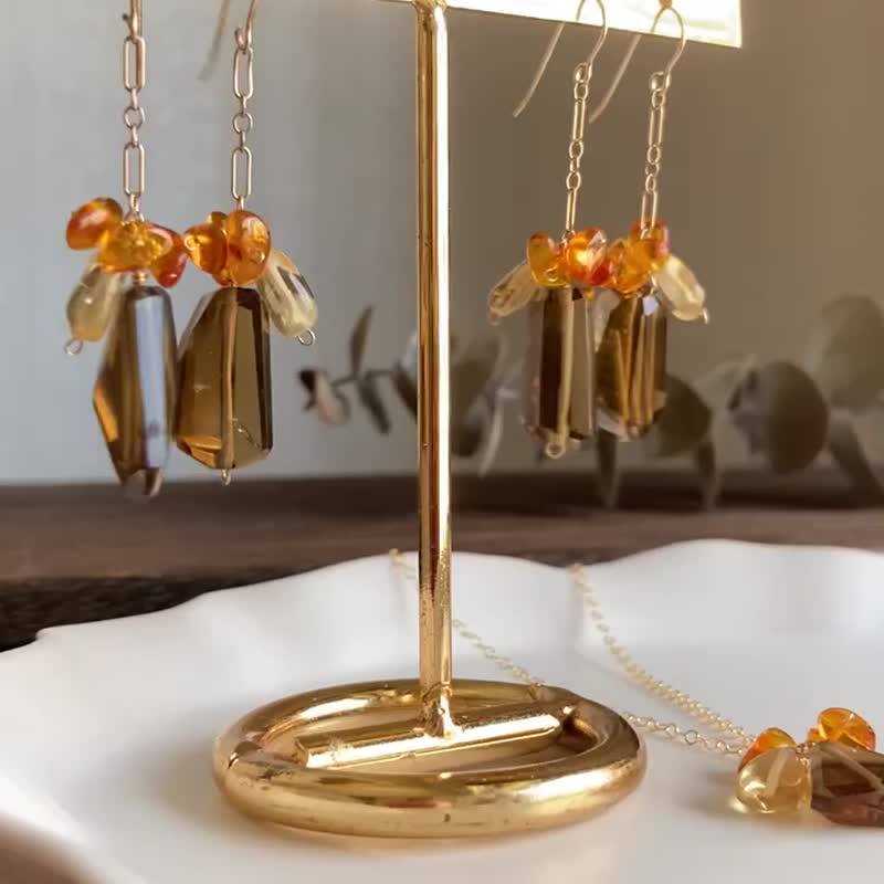 Autumn 14KGF Olive Quartz Citrine Amber long earrings - Earrings & Clip-ons - Gemstone Orange