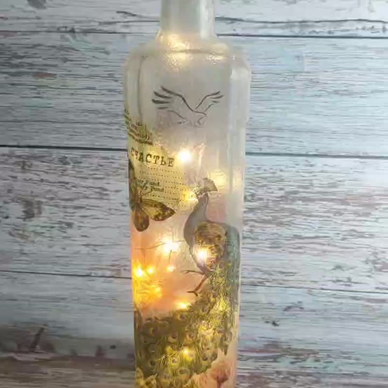 The blue peafowl and butterflies -   decoration / lighting / Healing Bottle Lamp - ของวางตกแต่ง - แก้ว 