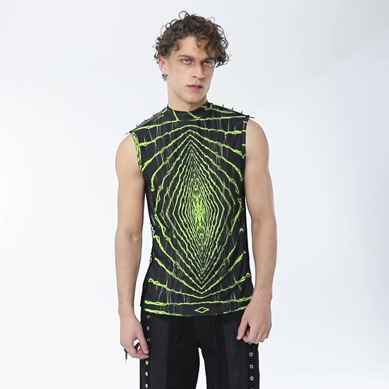 Cyberpunk Psychic Spider Totem Patchwork Vest - Green/Grey/ Soon to be out of print - Men's Tank Tops & Vests - Other Materials Green