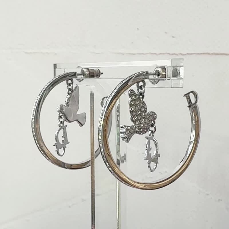 Dior vintage earrings hoop dangling dove logo Christian Dior authentic in box - Earrings & Clip-ons - Other Metals Silver