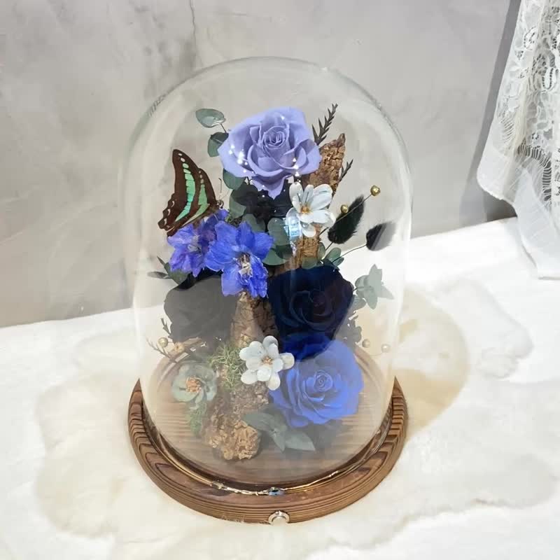 藍 蝴蝶標本 小夜燈 永生花 玻璃盅(大) - 乾燥花/永生花 - 植物.花 藍色