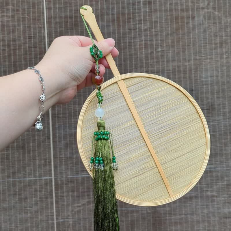 Fan bamboo curtain small round fan Hanfu photography props plus peacock agate beads ring tassel pendant - พัด - เครื่องประดับพลอย สีเขียว