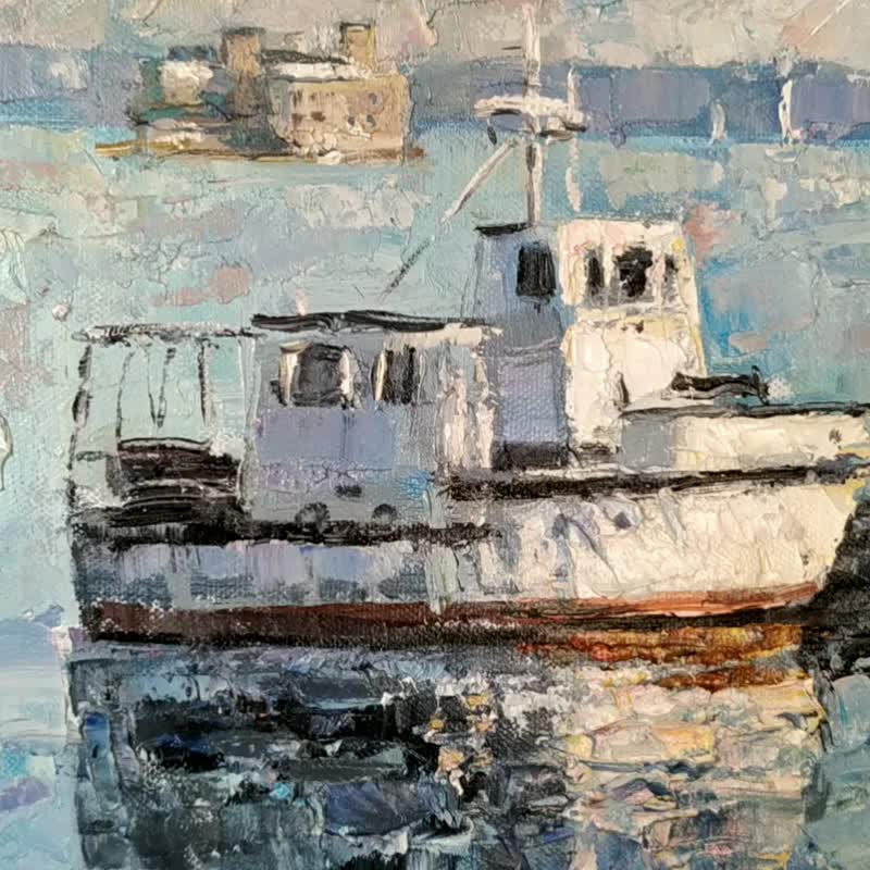 Painting Boat Landscape Pier Artwork Canvas Oil Plein Air Impressionism Art - 海報/掛畫/掛布 - 其他材質 多色