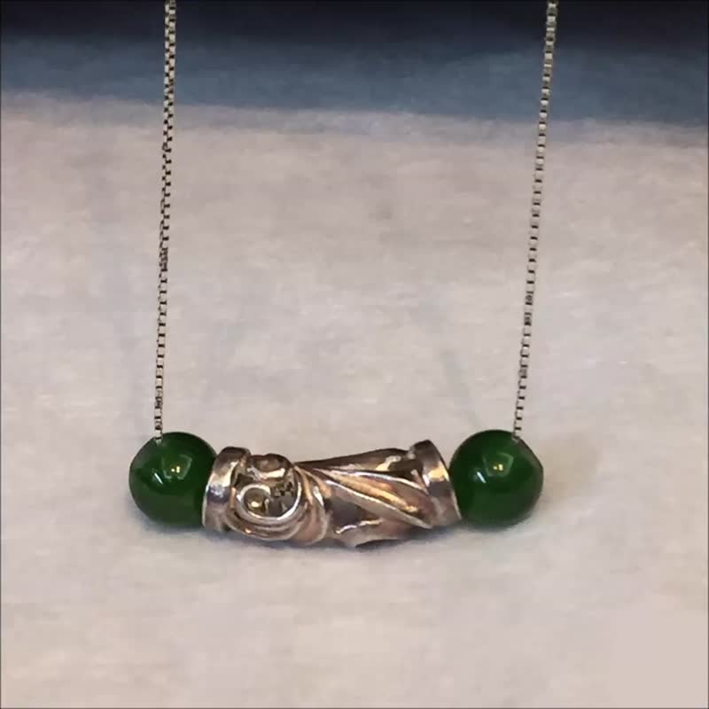 925純銀寶石項鍊 綠透輝石銀墜 2顆天然石圓珠 可客製延長鍊 - 項鍊 - 純銀 綠色