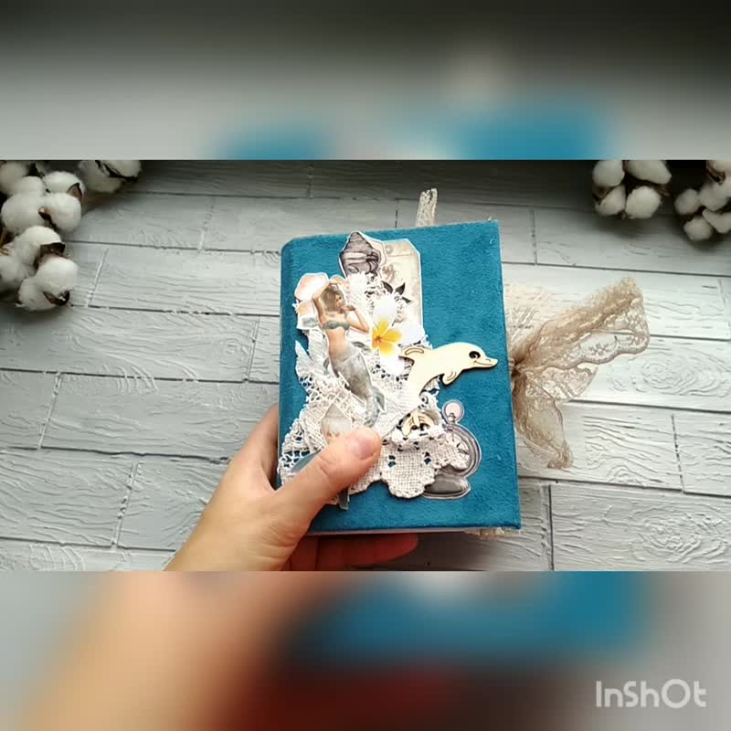 Mermaid junk journal for sale Thick ocean lace notebook homemade Fairytale book - 筆記簿/手帳 - 紙 藍色