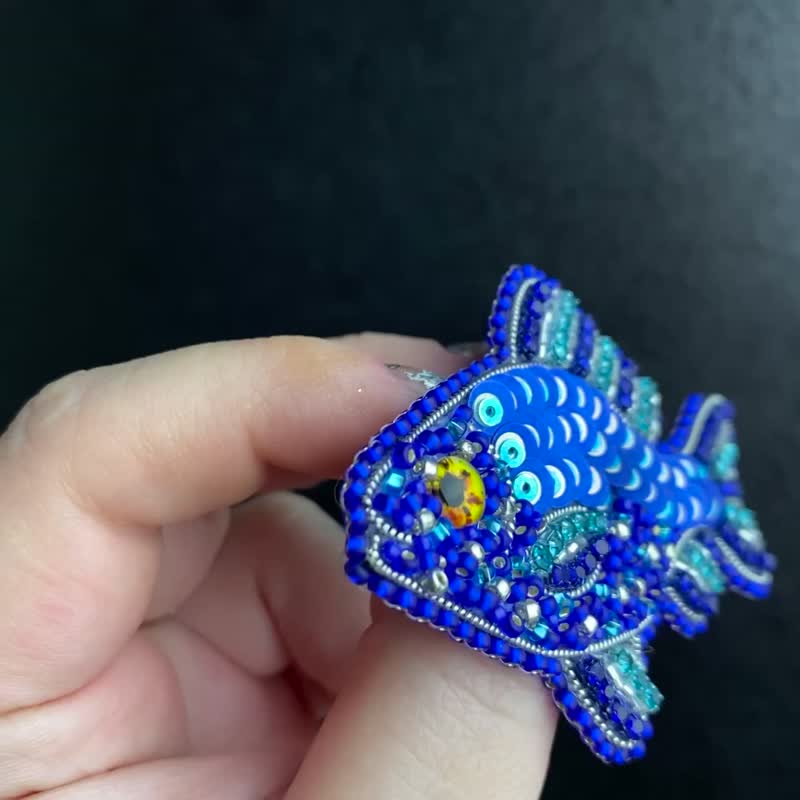 Angler Fish Brooch, fish brooch, embroidered fish, Pisces sign, fish lapel - Brooches - Other Materials Blue