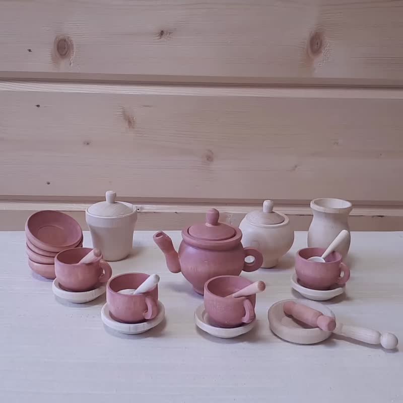 Wooden Toy Dishes Toddler Tea Set Wooden play kitchen Rainbow stacking toy - 寶寶/兒童玩具/玩偶 - 木頭 粉紅色
