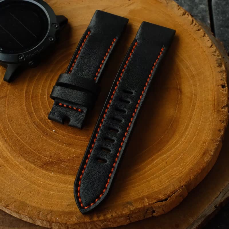 Garmin Watch Black Leather Strap Red Stitching With Quickfit Garmin Connector - 錶帶 - 真皮 黑色