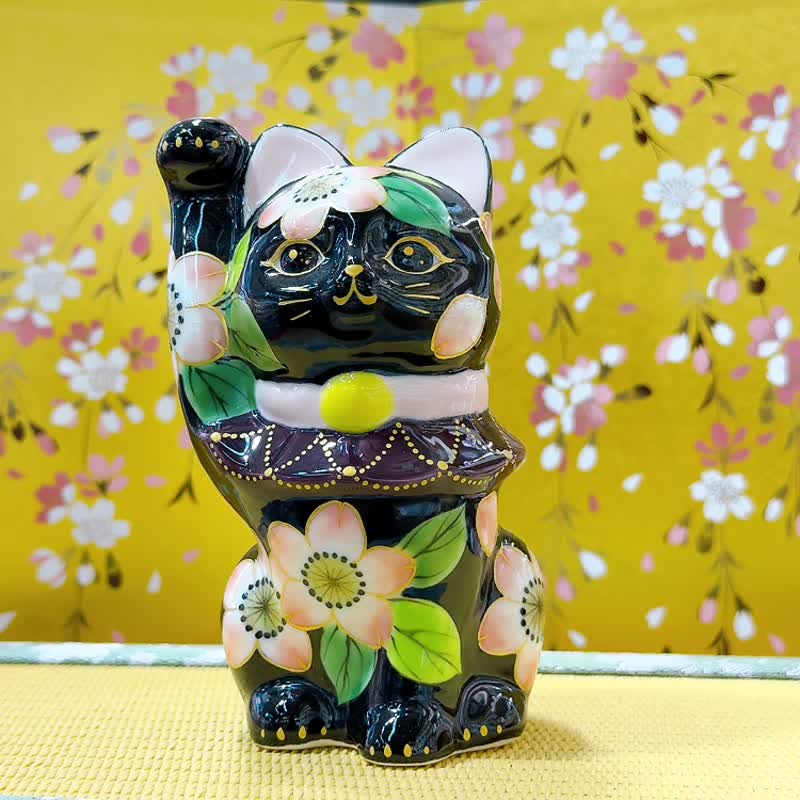 【晶墨迎祥】日本清水燒招財貓 | 色繪 - 黑地櫻 - 擺飾/家飾品 - 瓷 黑色