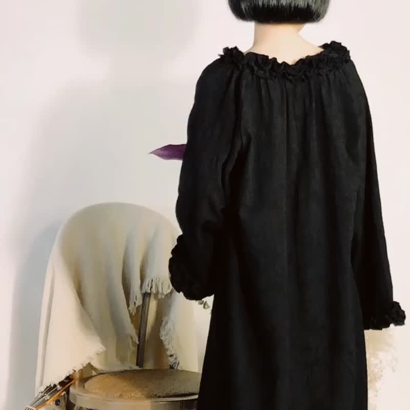 Black handmade three-dimensional flower little black dress retro girl Japanese loose dark dress cotton jacquard dress - One Piece Dresses - Cotton & Hemp Black