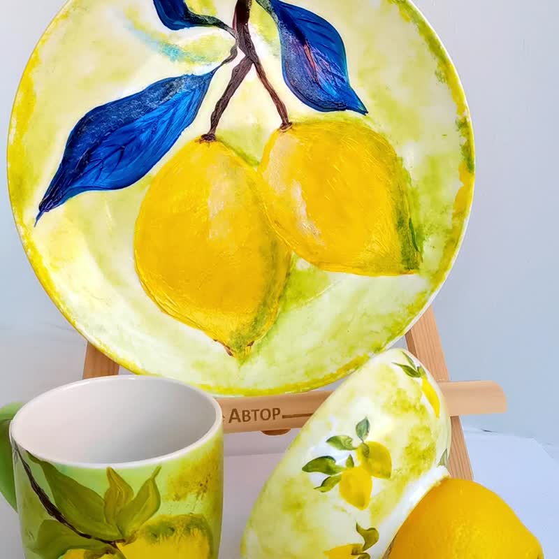 Tea Cup Lemon Original Art Kitchen Design Painting Citrus Fruit Room Decor Art - Coffee Pots & Accessories - Porcelain Multicolor