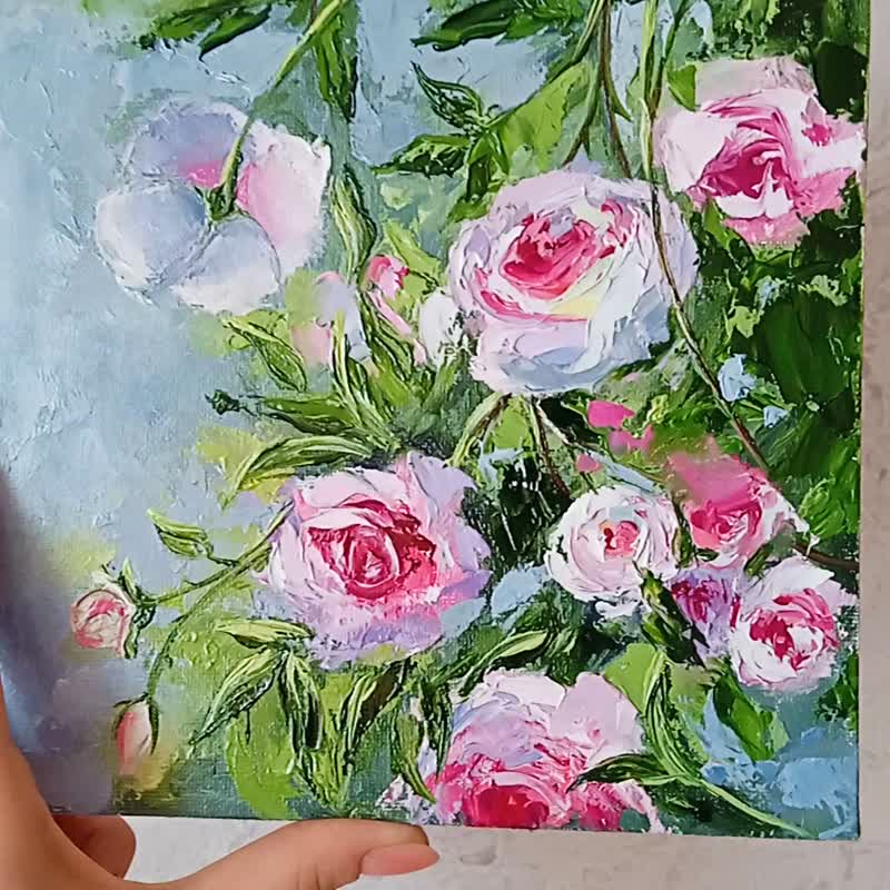 Flower Painting Original Oil Painting Rose Painting - 掛牆畫/海報 - 其他材質 粉紅色
