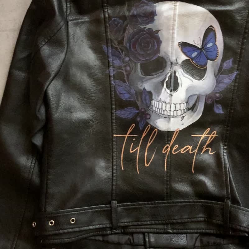 Painted till death leather jacket, till death jacket, bride leather jacket - เสื้อแจ็คเก็ต - หนังเทียม สีดำ